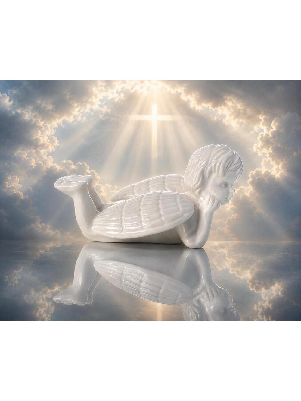 Vintage 1980s White Glazed Ceramic Flying Cherub Reclining Putti Figurine, 5x3”